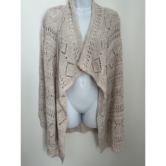 INC Beige Open Front Cardigan Sweater Waterfall Spring Open Knit Pointelle M - Picture 1 of 7